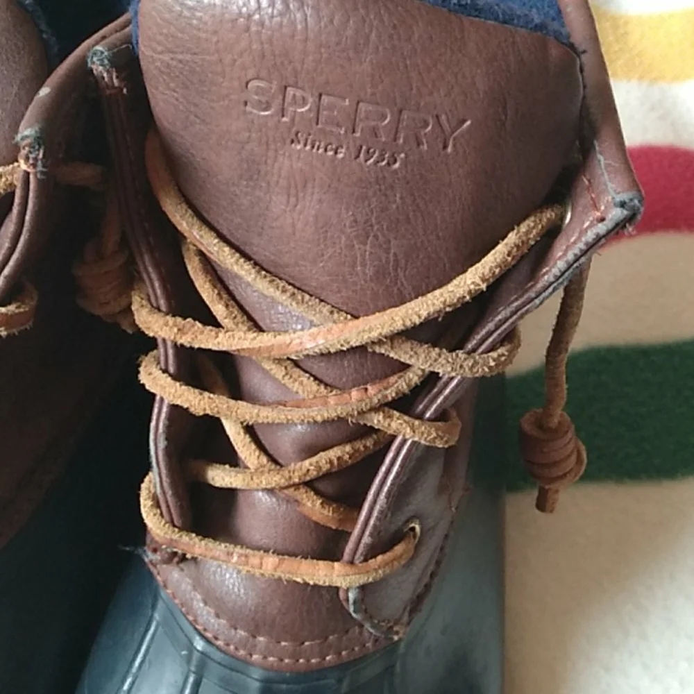 Sperry Kids Brown Leather and Navy Rubber Duck Boots with Tan Soles